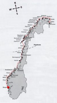 Unserer Fahrstrecke, von Bergen nach Kirkenes in fünfeinhalb Tagen.