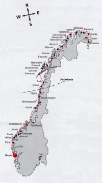 Unserer Fahrstrecke, von Bergen nach Kirkenes in f&uuml;nfeinhalb Tagen.